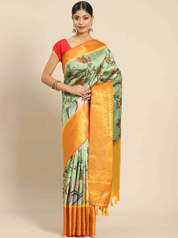 Green Art Silk Printed Kalamkari Saree with Unstitched Blouse - Hiral Fashion | Swadesiicart