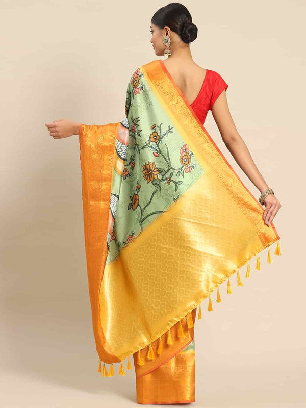 Green Art Silk Printed Kalamkari Saree with Unstitched Blouse - Hiral Fashion | Swadesiicart