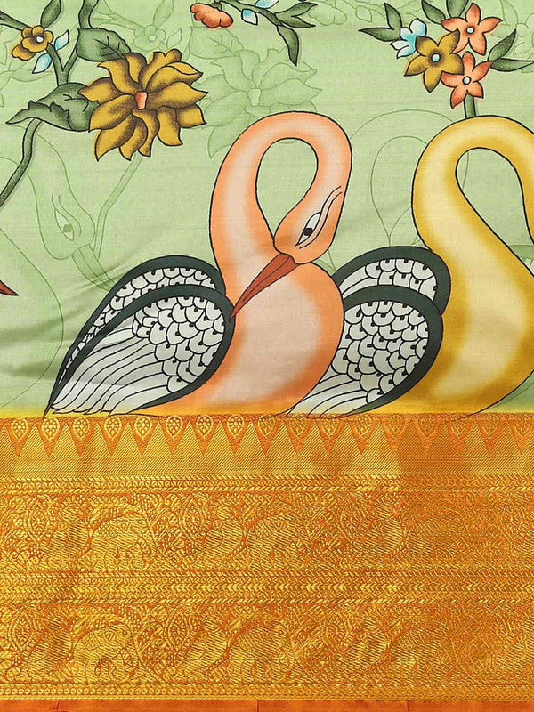Green Art Silk Printed Kalamkari Saree with Unstitched Blouse - Hiral Fashion | Swadesiicart