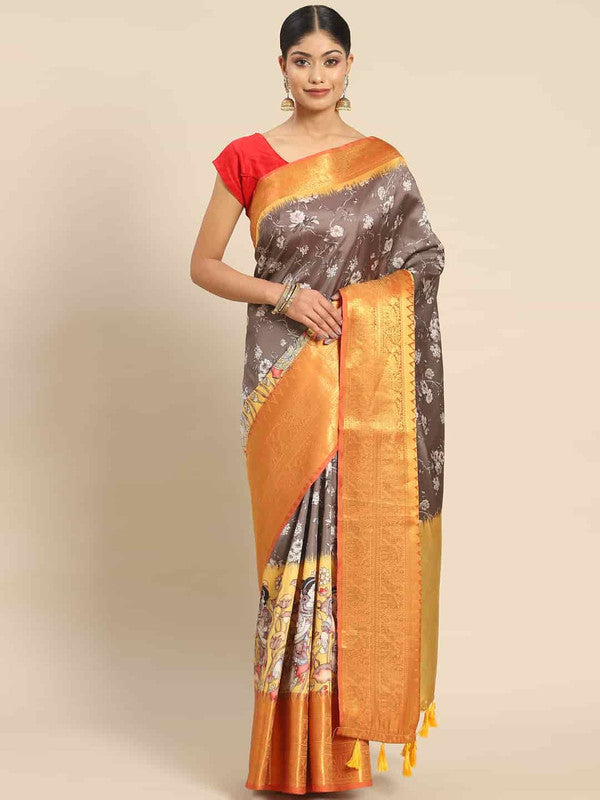 Gray Art Silk Printed Kalamkari Saree with Unstitched Blouse - Hiral Fashion | Swadesiicart
