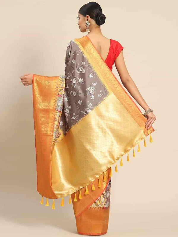 Gray Art Silk Printed Kalamkari Saree with Unstitched Blouse - Hiral Fashion | Swadesiicart