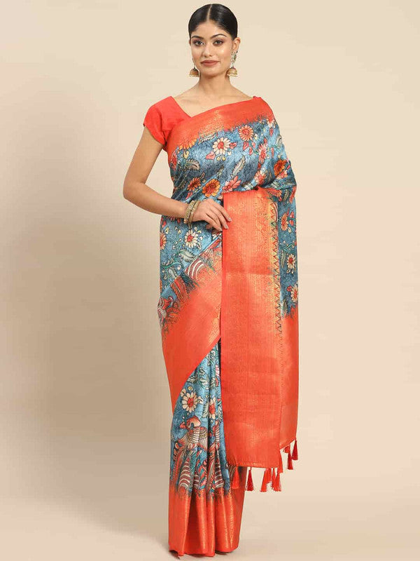 Multicolor Art Silk Printed Kalamkari Saree with Unstitched Blouse - Hiral Fashion | Swadesiicart