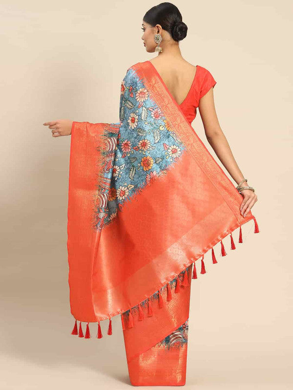 Multicolor Art Silk Printed Kalamkari Saree with Unstitched Blouse - Hiral Fashion | Swadesiicart