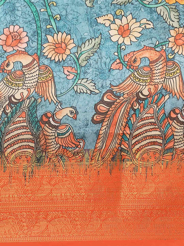 Multicolor Art Silk Printed Kalamkari Saree with Unstitched Blouse - Hiral Fashion | Swadesiicart