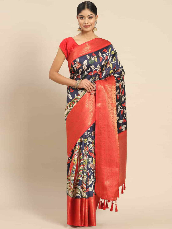 Navy Blue Art Silk Printed Kalamkari Saree with Unstitched Blouse - Hiral Fashion | Swadesiicart
