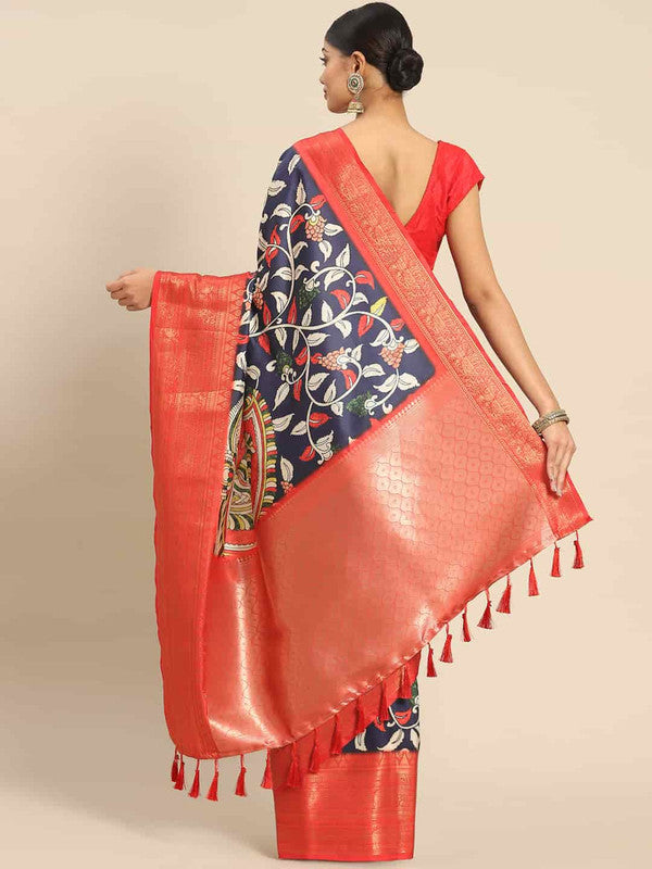 Navy Blue Art Silk Printed Kalamkari Saree with Unstitched Blouse - Hiral Fashion | Swadesiicart