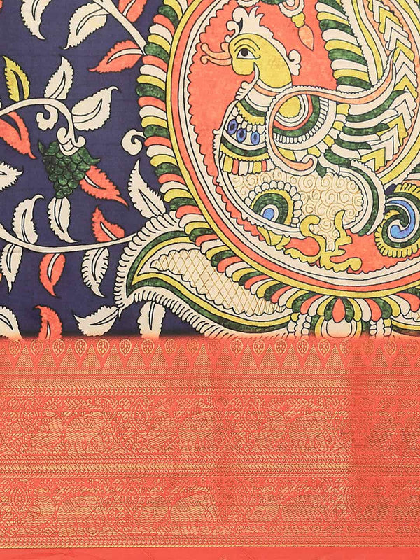 Navy Blue Art Silk Printed Kalamkari Saree with Unstitched Blouse - Hiral Fashion | Swadesiicart