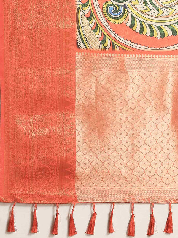 Navy Blue Art Silk Printed Kalamkari Saree with Unstitched Blouse - Hiral Fashion | Swadesiicart