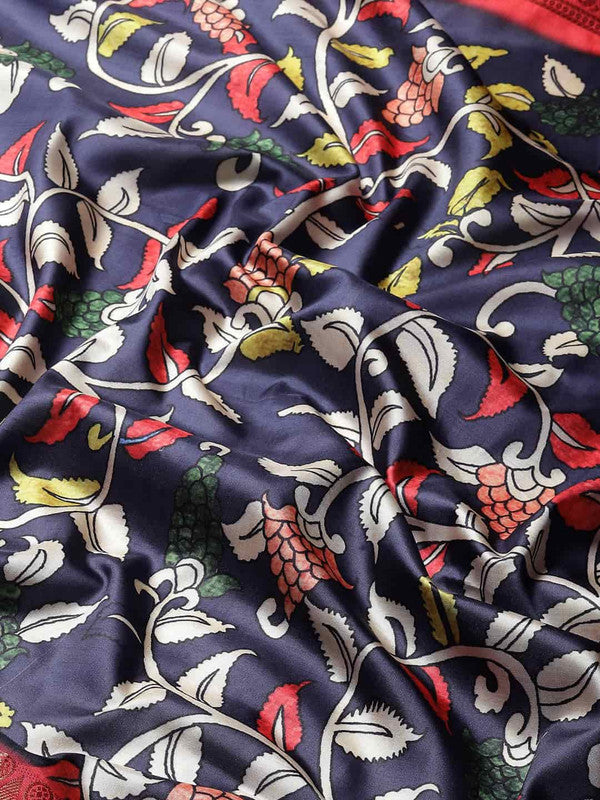 Navy Blue Art Silk Printed Kalamkari Saree with Unstitched Blouse - Hiral Fashion | Swadesiicart