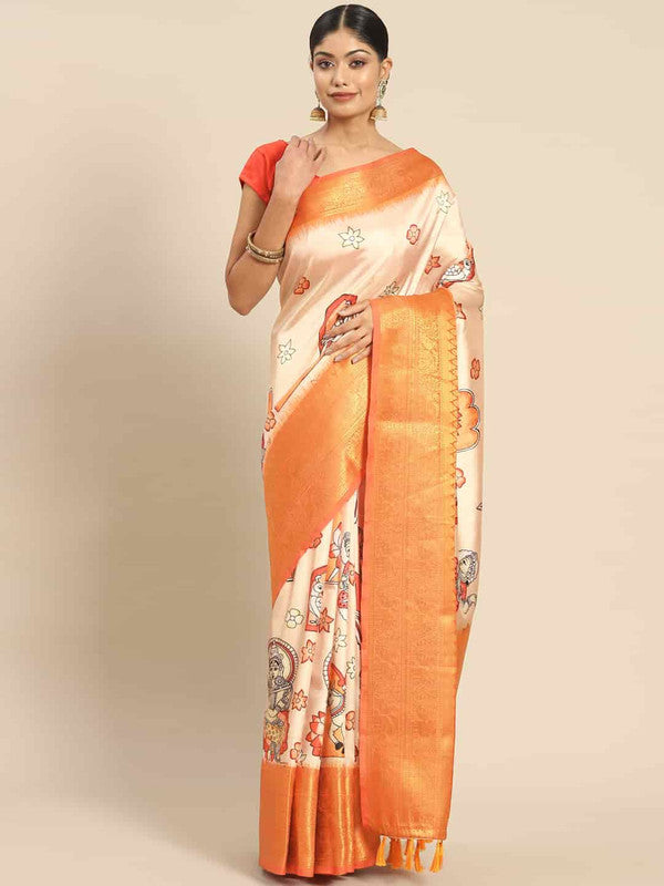 Peach Art Silk Printed Kalamkari Saree with Unstitched Blouse - Hiral Fashion | Swadesiicart