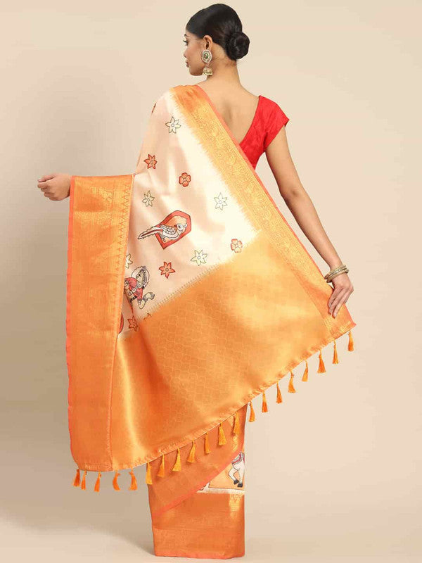 Peach Art Silk Printed Kalamkari Saree with Unstitched Blouse - Hiral Fashion | Swadesiicart