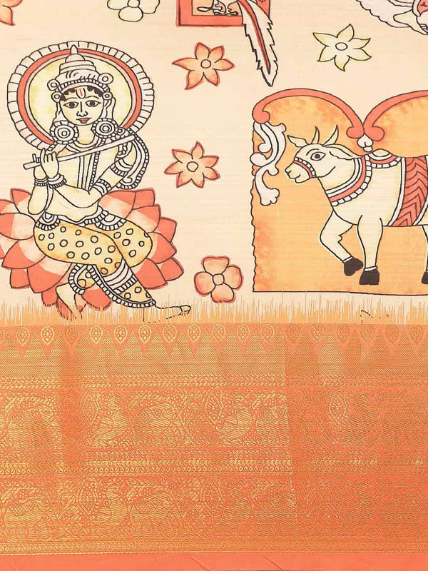 Peach Art Silk Printed Kalamkari Saree with Unstitched Blouse - Hiral Fashion | Swadesiicart
