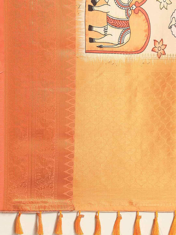 Peach Art Silk Printed Kalamkari Saree with Unstitched Blouse - Hiral Fashion | Swadesiicart