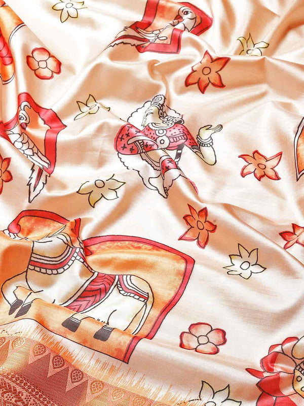 Peach Art Silk Printed Kalamkari Saree with Unstitched Blouse - Hiral Fashion | Swadesiicart