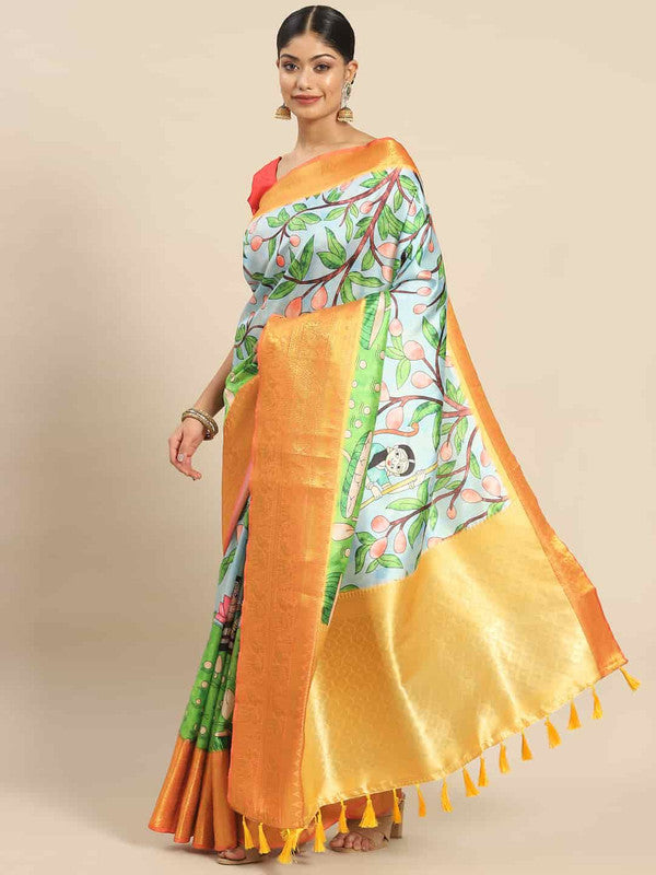Blue Art Silk Printed Kalamkari Saree with Unstitched Blouse - Hiral Fashion | Swadesiicart