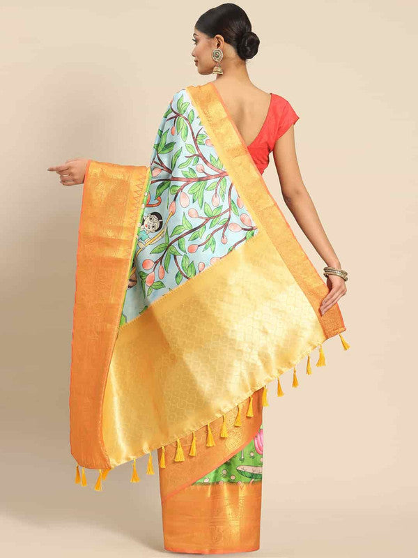 Blue Art Silk Printed Kalamkari Saree with Unstitched Blouse - Hiral Fashion | Swadesiicart