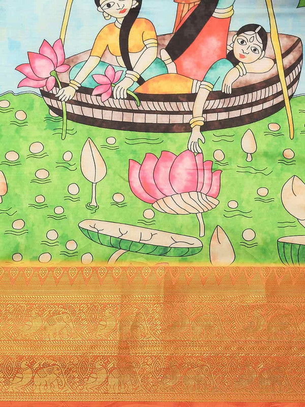 Blue Art Silk Printed Kalamkari Saree with Unstitched Blouse - Hiral Fashion | Swadesiicart