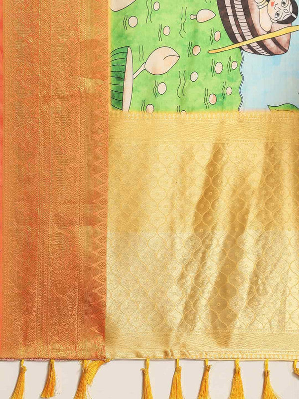 Blue Art Silk Printed Kalamkari Saree with Unstitched Blouse - Hiral Fashion | Swadesiicart
