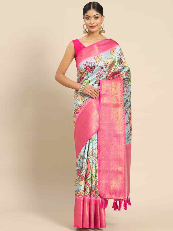 Blue Art Silk Printed Kalamkari Saree with Unstitched Blouse - Hiral Fashion | Swadesiicart