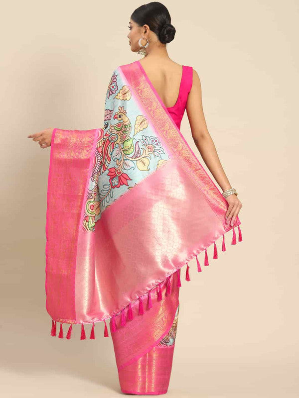 Blue Art Silk Printed Kalamkari Saree with Unstitched Blouse - Hiral Fashion | Swadesiicart
