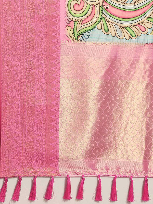 Blue Art Silk Printed Kalamkari Saree with Unstitched Blouse - Hiral Fashion | Swadesiicart