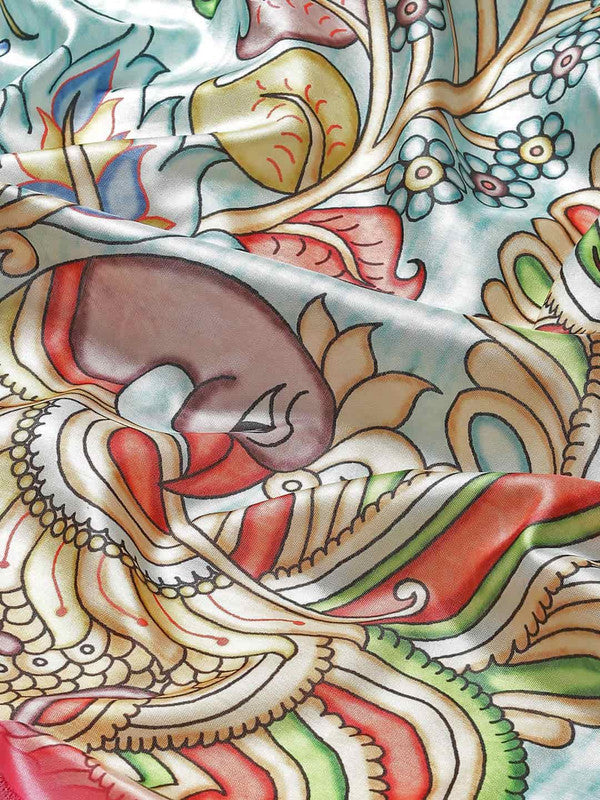 Blue Art Silk Printed Kalamkari Saree with Unstitched Blouse - Hiral Fashion | Swadesiicart