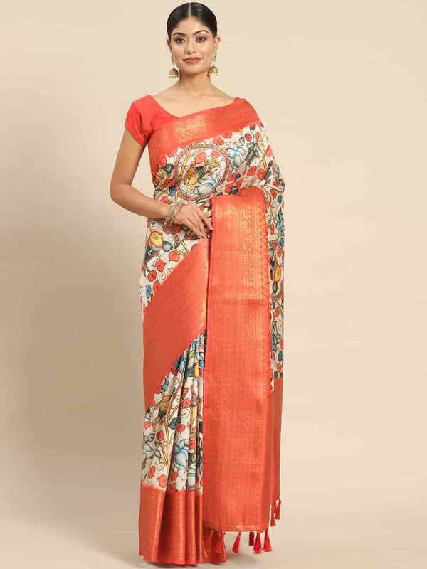 White Art Silk Printed Kalamkari Saree with Unstitched Blouse - Hiral Fashion | Swadesiicart