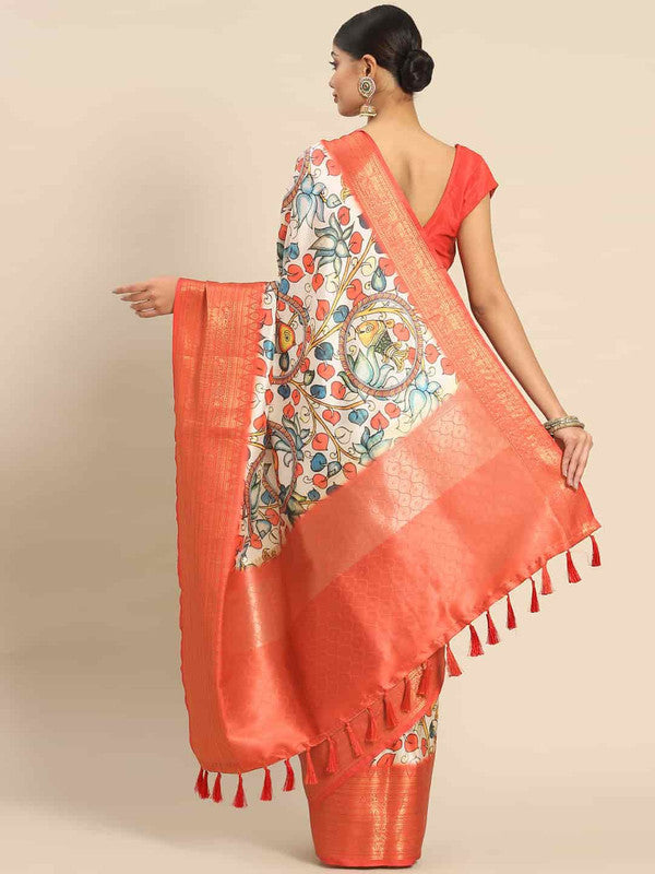 White Art Silk Printed Kalamkari Saree with Unstitched Blouse - Hiral Fashion | Swadesiicart