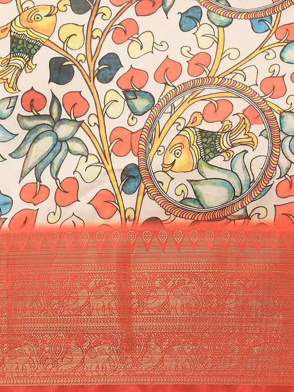 White Art Silk Printed Kalamkari Saree with Unstitched Blouse - Hiral Fashion | Swadesiicart