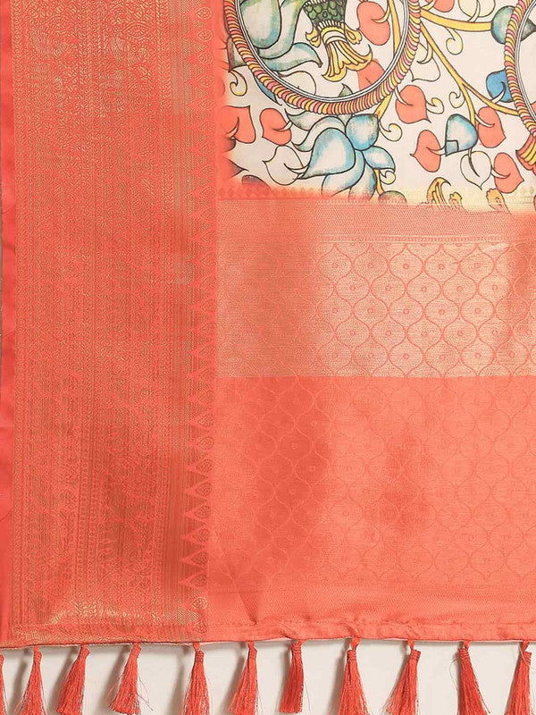 White Art Silk Printed Kalamkari Saree with Unstitched Blouse - Hiral Fashion | Swadesiicart