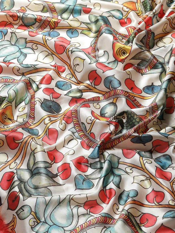 White Art Silk Printed Kalamkari Saree with Unstitched Blouse - Hiral Fashion | Swadesiicart