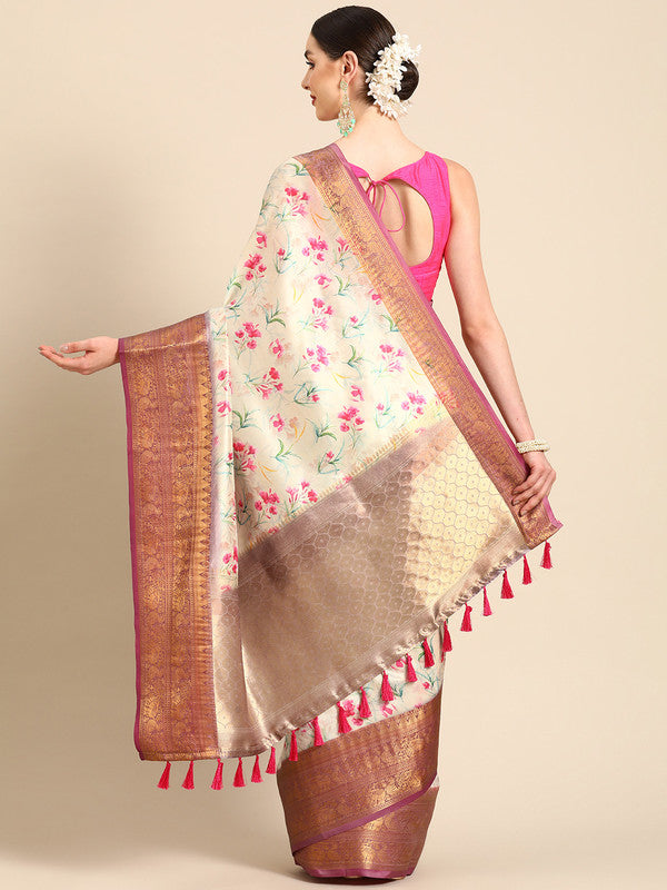 Beige Pure Silk Digital Print Floral Saree with Unstitched Blouse - Hiral Fashion | Swadesiicart