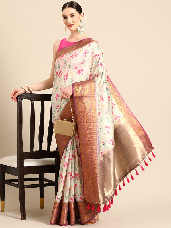 Beige Pure Silk Digital Print Floral Saree with Unstitched Blouse - Hiral Fashion | Swadesiicart