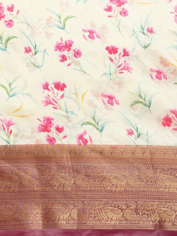 Beige Pure Silk Digital Print Floral Saree with Unstitched Blouse - Hiral Fashion | Swadesiicart