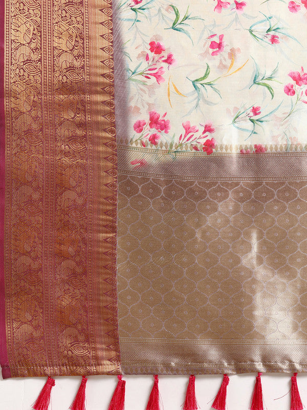 Beige Pure Silk Digital Print Floral Saree with Unstitched Blouse - Hiral Fashion | Swadesiicart