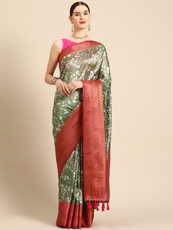 Olive Pure Silk Digital Print Floral Saree with Unstitched Blouse - Hiral Fashion | Swadesiicart