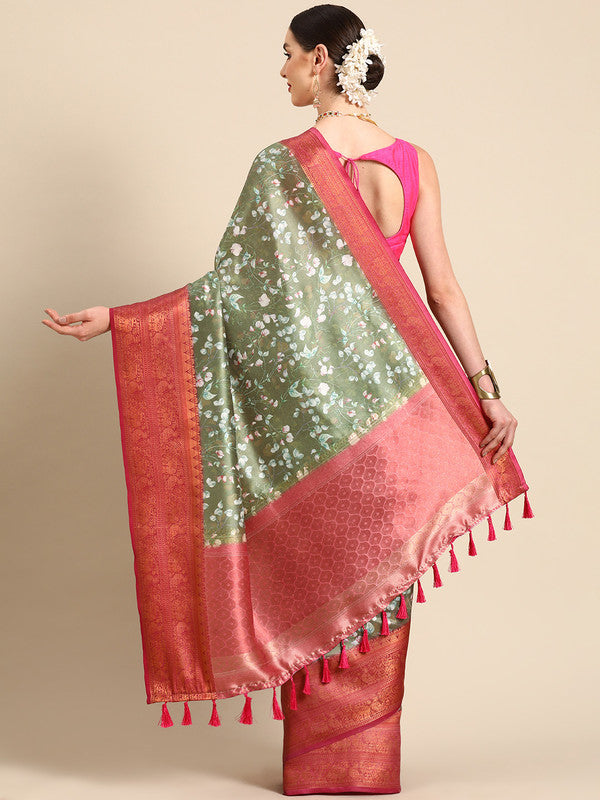 Olive Pure Silk Digital Print Floral Saree with Unstitched Blouse - Hiral Fashion | Swadesiicart