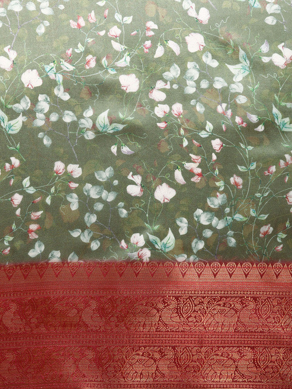 Olive Pure Silk Digital Print Floral Saree with Unstitched Blouse - Hiral Fashion | Swadesiicart