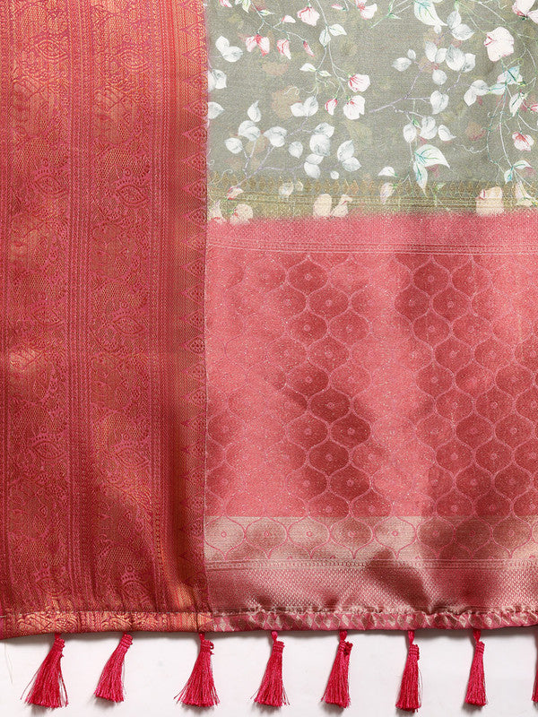 Olive Pure Silk Digital Print Floral Saree with Unstitched Blouse - Hiral Fashion | Swadesiicart