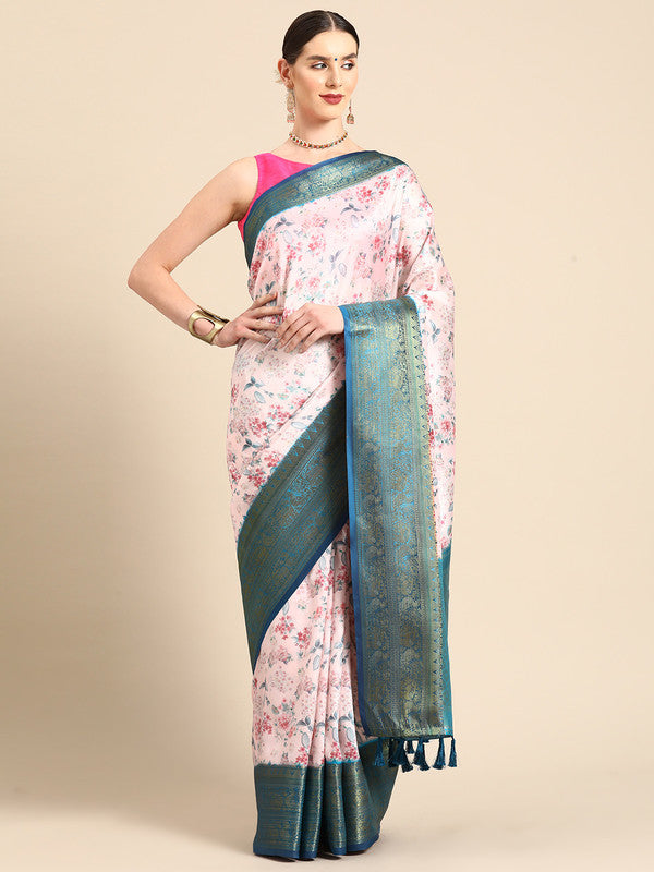 Light Pink Pure Silk Digital Print Floral Saree with Unstitched Blouse - Hiral Fashion | Swadesiicart