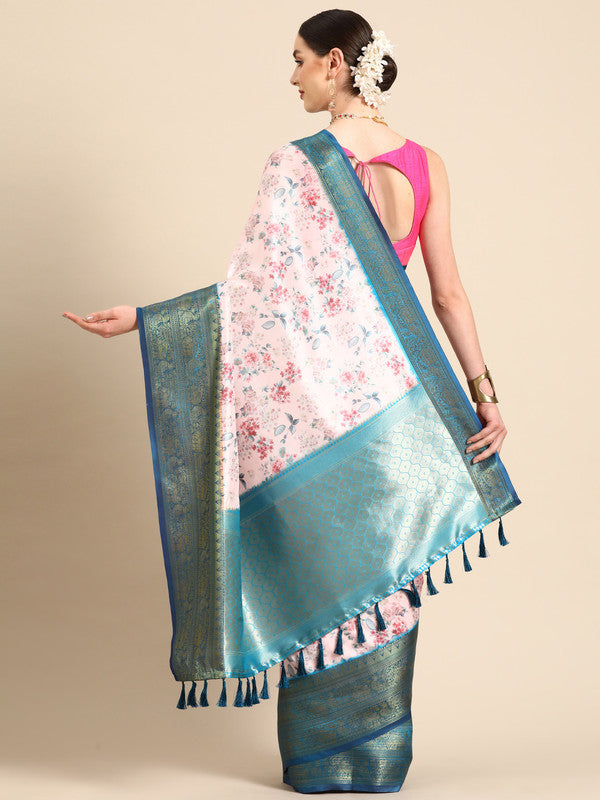 Light Pink Pure Silk Digital Print Floral Saree with Unstitched Blouse - Hiral Fashion | Swadesiicart