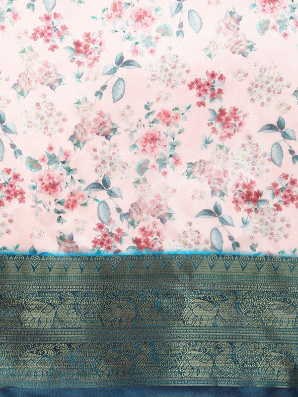 Light Pink Pure Silk Digital Print Floral Saree with Unstitched Blouse - Hiral Fashion | Swadesiicart
