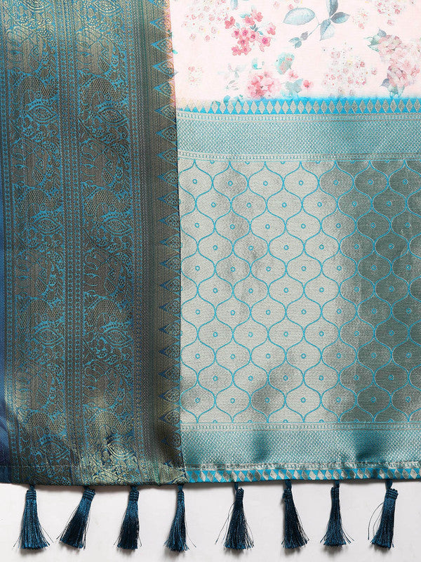 Light Pink Pure Silk Digital Print Floral Saree with Unstitched Blouse - Hiral Fashion | Swadesiicart