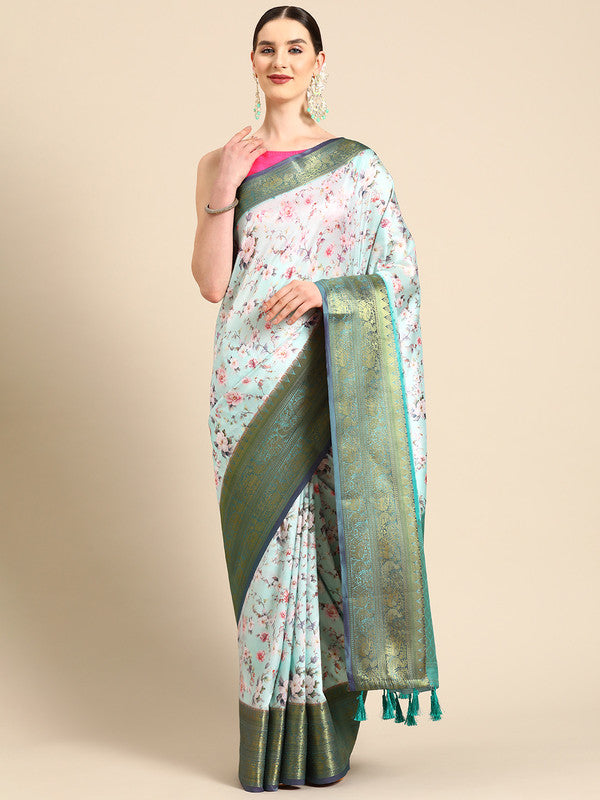 Green Pure Silk Digital Print Floral Saree with Unstitched Blouse - Hiral Fashion | Swadesiicart