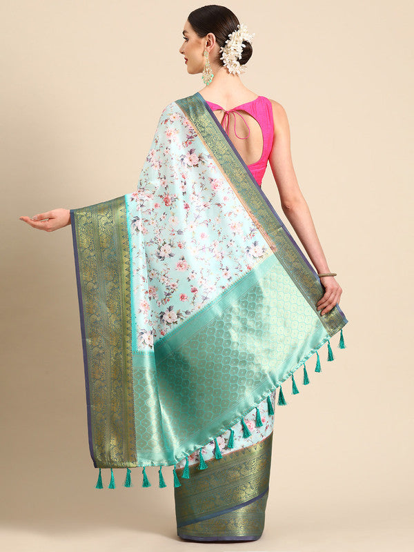 Green Pure Silk Digital Print Floral Saree with Unstitched Blouse - Hiral Fashion | Swadesiicart