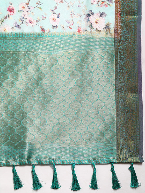 Green Pure Silk Digital Print Floral Saree with Unstitched Blouse - Hiral Fashion | Swadesiicart