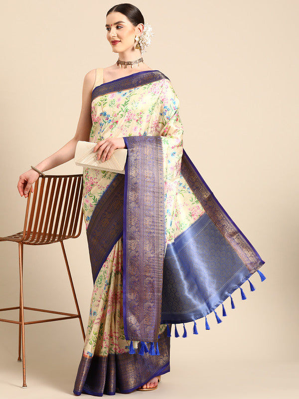 Multicolor Pure Silk Digital Print Floral Saree with Unstitched Blouse - Hiral Fashion | Swadesiicart