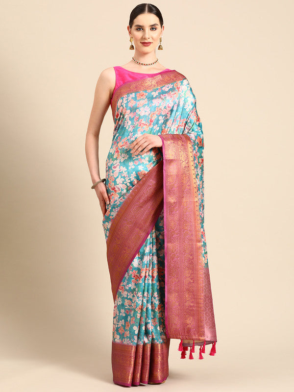 Turquoise Pure Silk Digital Print Floral Saree with Unstitched Blouse - Hiral Fashion | Swadesiicart