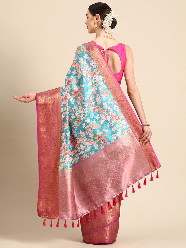 Turquoise Pure Silk Digital Print Floral Saree with Unstitched Blouse - Hiral Fashion | Swadesiicart