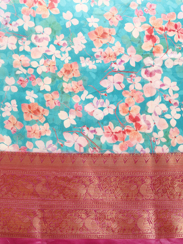 Turquoise Pure Silk Digital Print Floral Saree with Unstitched Blouse - Hiral Fashion | Swadesiicart